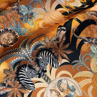 Balloon Safari mustard yellow African animal print designer velvet fabric by Becca Who, with lions, elephants, zebras and giraffes