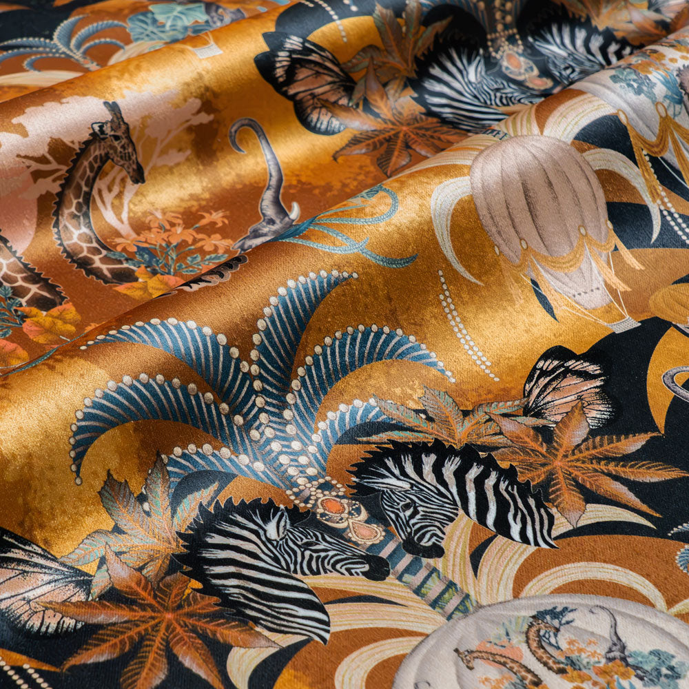 Balloon Safari mustard yellow velvet fabric draped in soft folds, showing how the African animal print falls for curtains and blinds