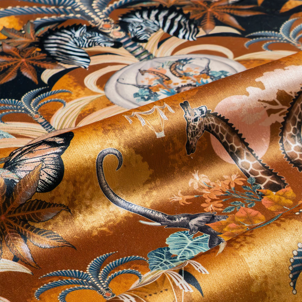 Balloon Safari velvet fabric in mustard yellow photographed at an angle to show the subtle sheen