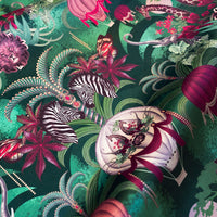 Balloon Safari emerald green African animal print designer velvet fabric by Becca Who, with lions, elephants, zebras and giraffes