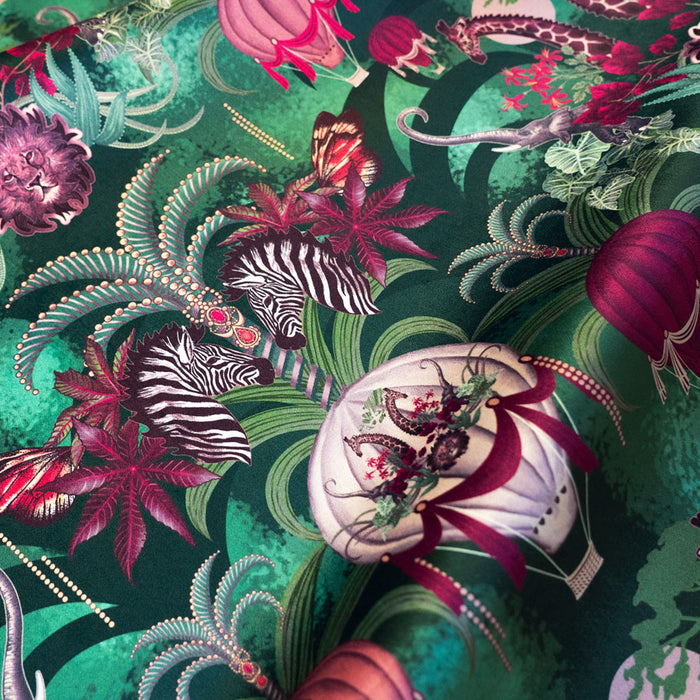 Balloon Safari emerald green African animal print designer velvet fabric by Becca Who, with lions, elephants, zebras and giraffes