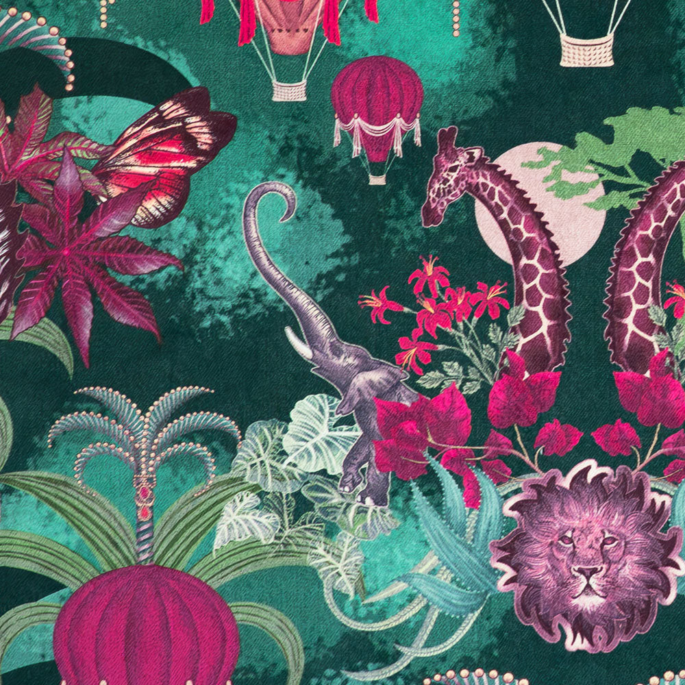 Soft velvet pile and fine print detail on emerald green African animals print fabric