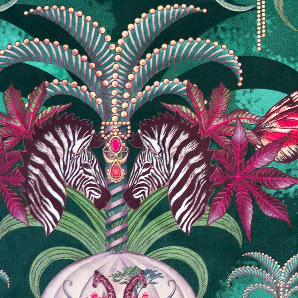 Close-up of zebras on African animal print velvet fabric in emerald green