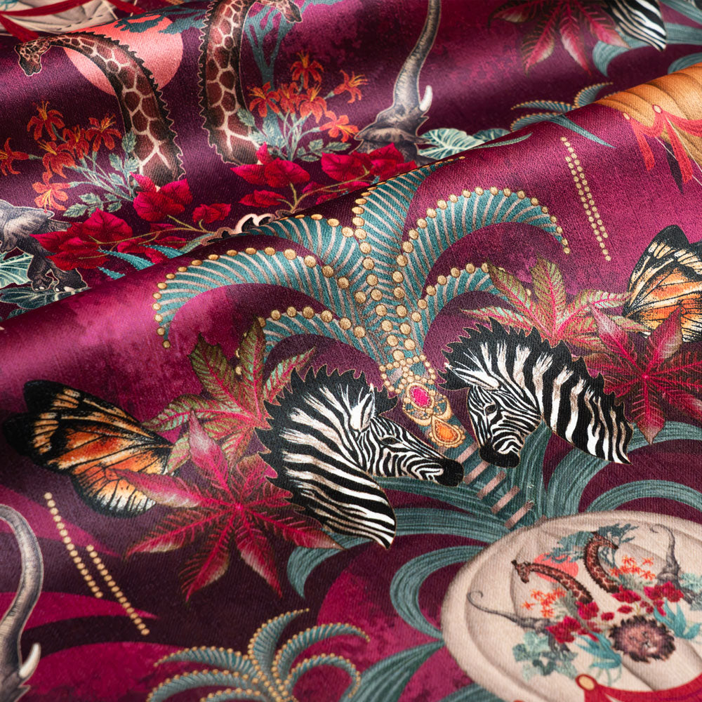 Balloon Safari pink and claret animal print designer velvet fabric by Becca Who, with lions, elephants, zebras and giraffes