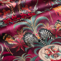 Balloon Safari pink and claret animal print designer velvet fabric by Becca Who, with lions, elephants, zebras and giraffes