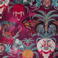 Soft velvet pile and fine print detail on pink and claret animal print fabric