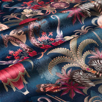 Balloon Safari sapphire blue African animal print designer velvet fabric by Becca Who, with lions, elephants, zebras and giraffes