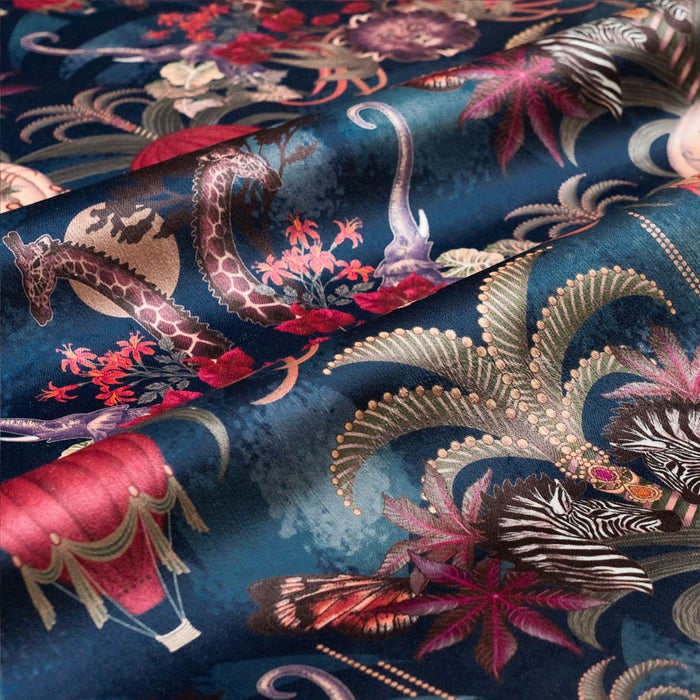 Balloon Safari sapphire blue African animal print designer velvet fabric by Becca Who, with lions, elephants, zebras and giraffes