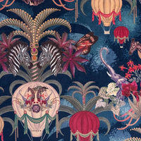 Close-up of hot air balloons and African animals printed velvet fabric in sapphire blue