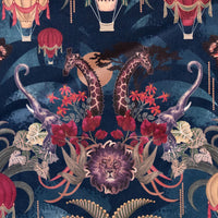 Close-up of the lion, elephants and giraffes on Balloon Safari sapphire blue patterned velvet upholstery fabric