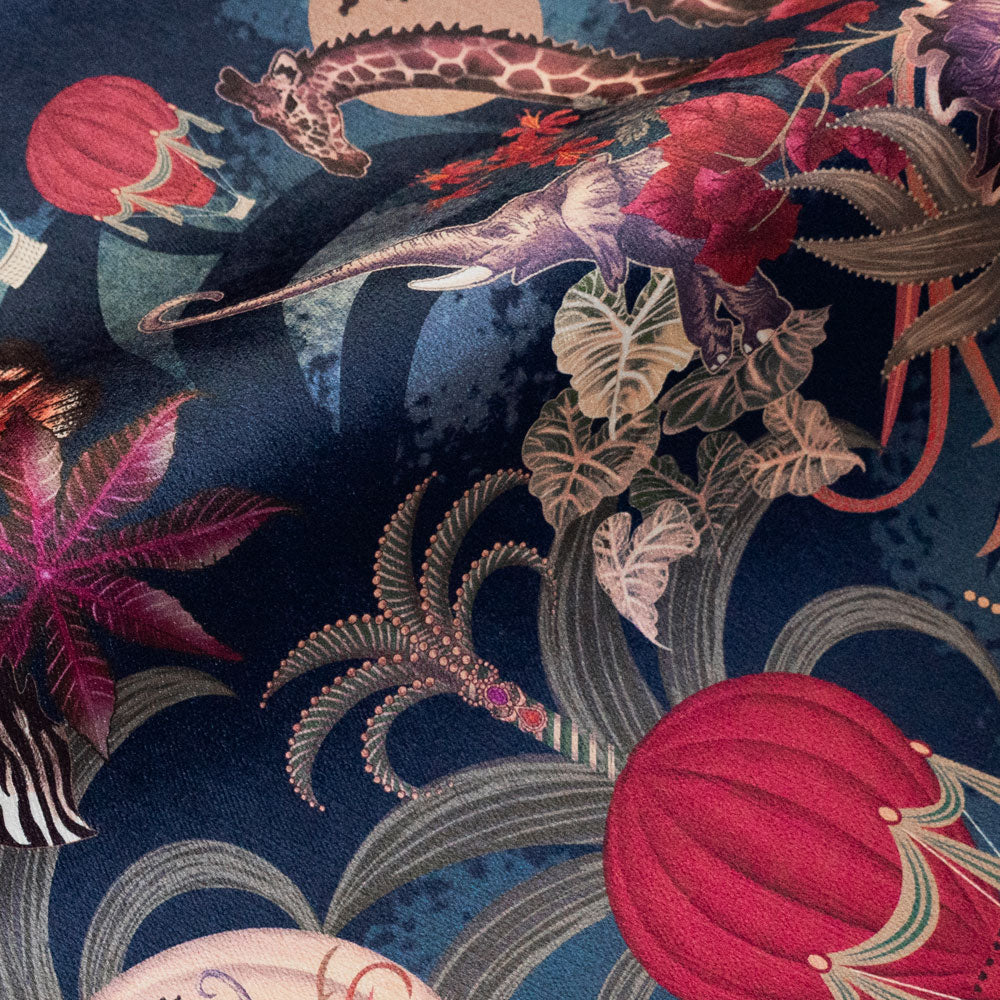 Soft velvet pile and fine print detail on sapphire blue African animal print fabric