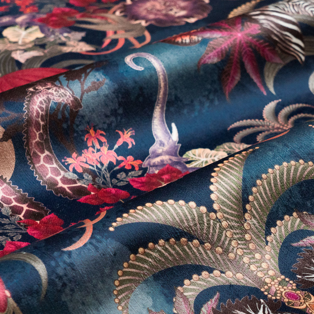 Balloon Safari velvet fabric in sapphire blue photographed at an angle to show the subtle sheen