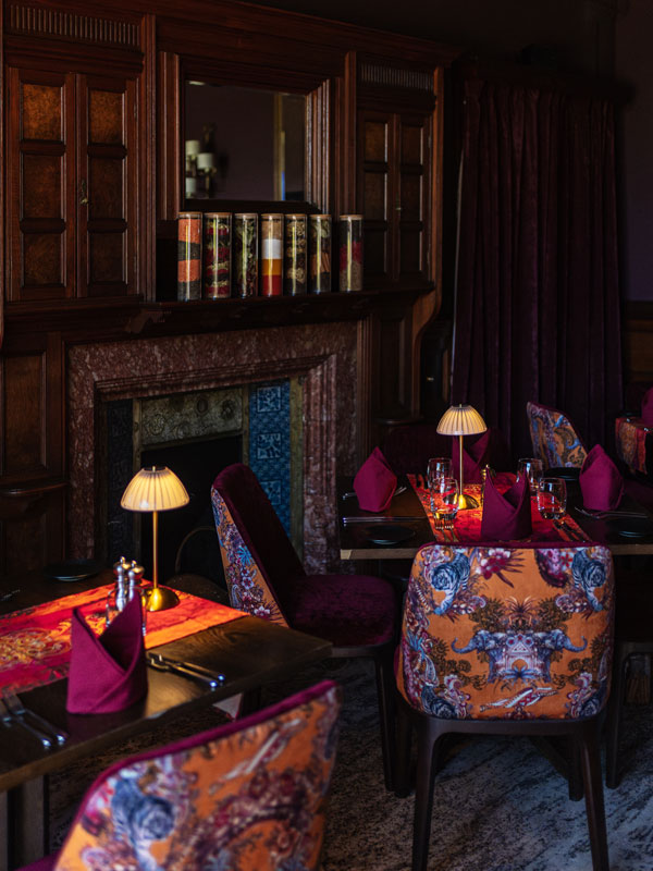 Becca Who Designer Orange Upholstery Fabric with India Pattern in Hotel Restaurant