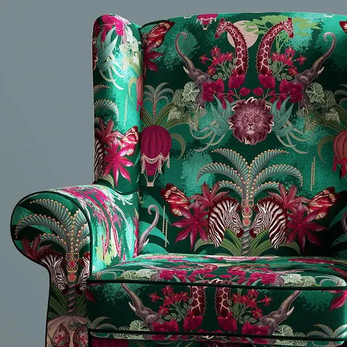 Emerald Green statement furnishing fabric with African Animals for colourful Upholstery by UK Designer, Becca Who