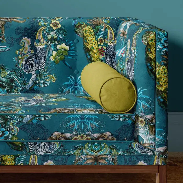 Statement Velvet Furnishing Fabric with Indian Wildlife & Pattern in Teal Blue