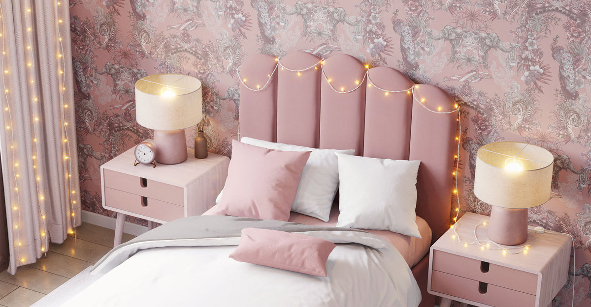 Bedroom Wallpaper shown with Feature Wall in Pink behind Bed by Designer, Becca Who
