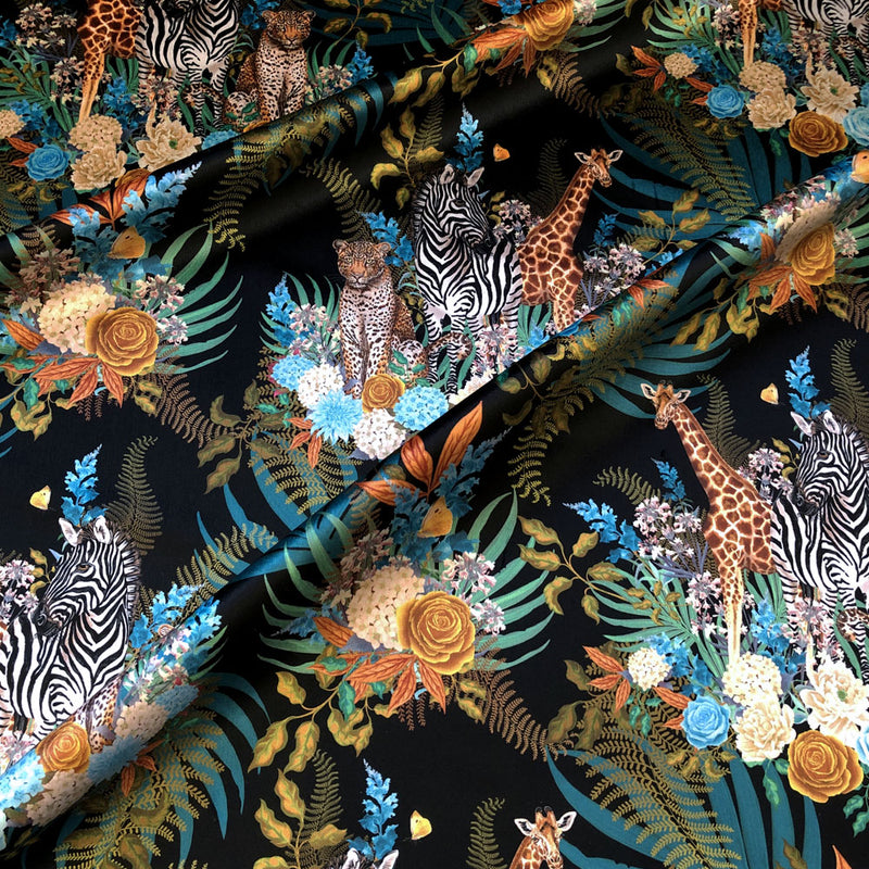 Bold Printed Velvet Furnishing Fabric in Black with African Animals by Designer, Becca Who