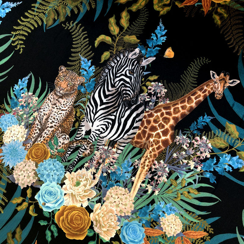 Statement Furnishing Velvet Fabric with African Animals and Flowers on Black by Designer, Becca Who
