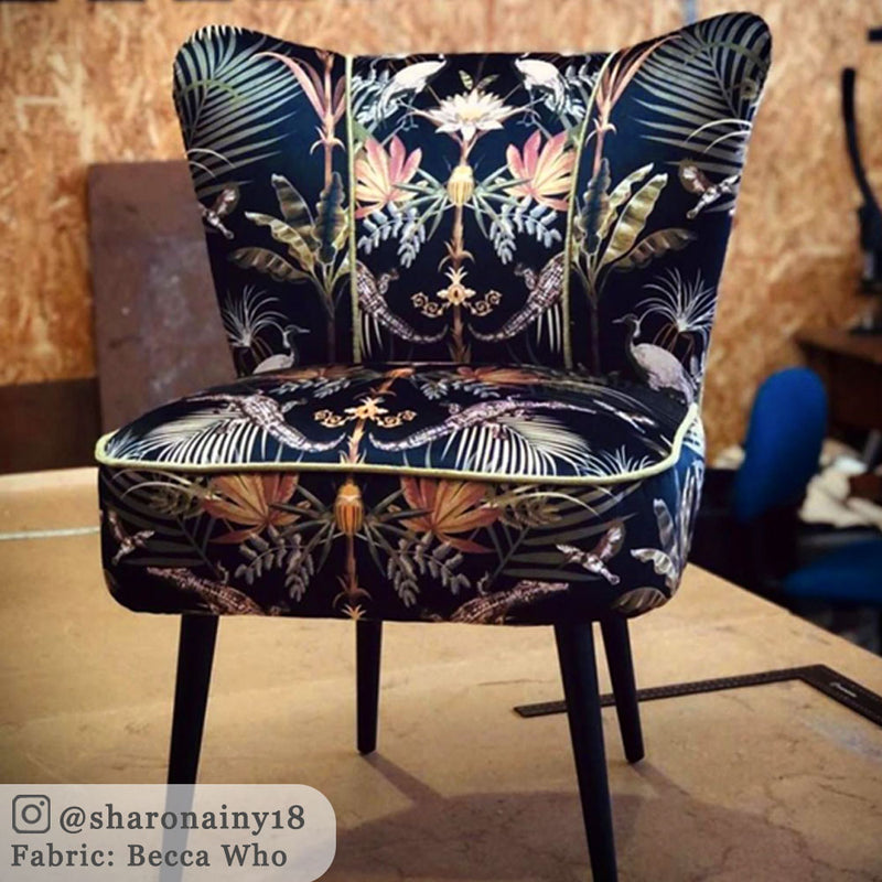 Black Crocodile Print Bold Velvet Upholstery Fabric by Designer, Becca Who on Cocktail Chair