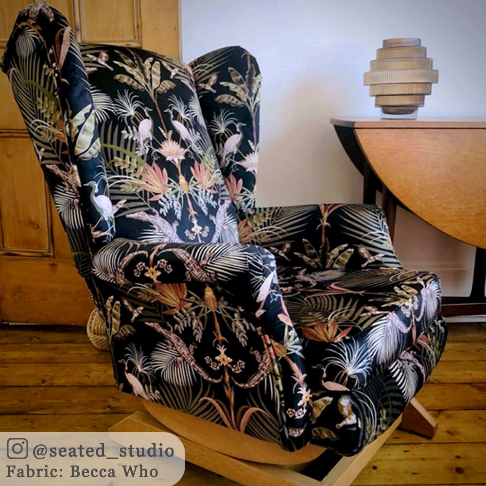 Black Crocodile Print Velvet Fabric for Upholstery by Designer, Becca Who on Rocking Chair