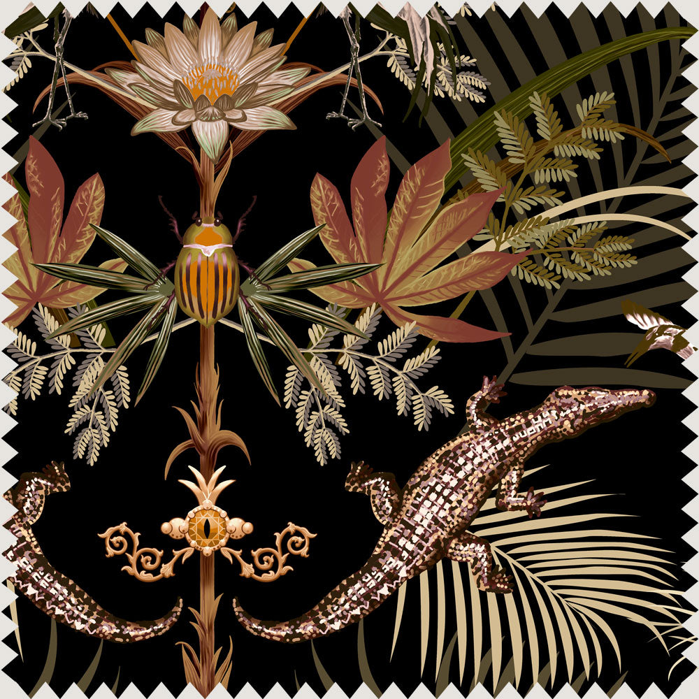 Bold Statement Fabric for Interiors in Black & Gold with Crocodiles by UK Designer, Becca Who