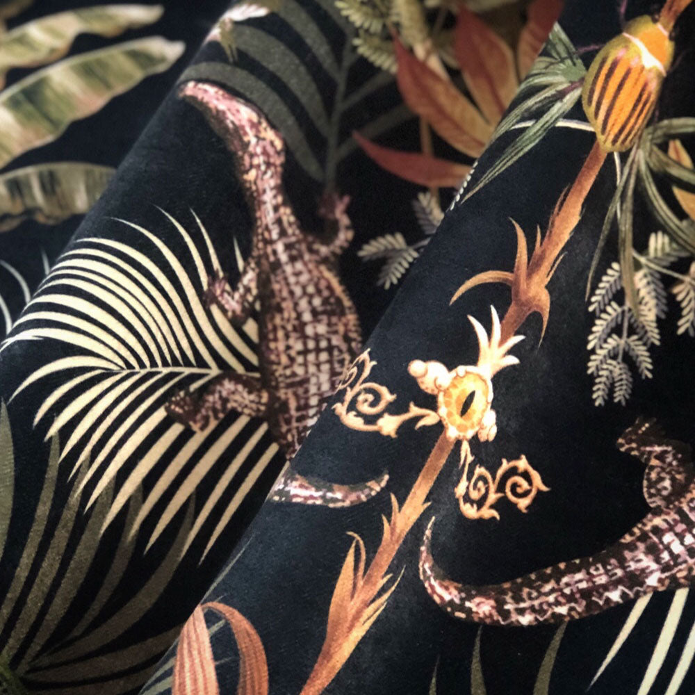 Black Crocodiles Patterned Velvet Fabric for Interiors by Designer, Becca Who
