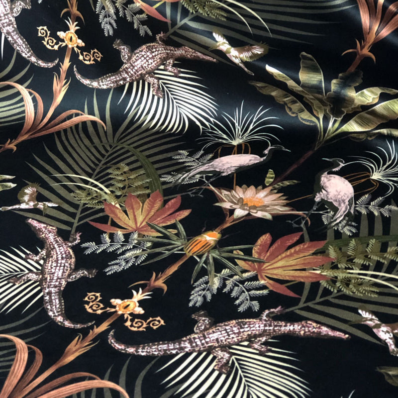 Bold Black & Gold Crocodiles Patterned Velvet Fabric for Upholstery & Soft Furnishings by Designer, Becca Who
