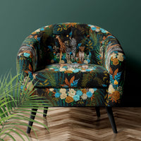 Statement Furnishing Fabric with African Animals and Floral on Black on Upholstered Tub Chair by Designer, Becca Who