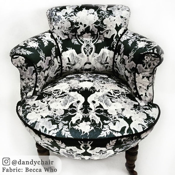 Black & White Swans Patterned Velvet Fabric by Designer, Becca Who, upholstery on armchair