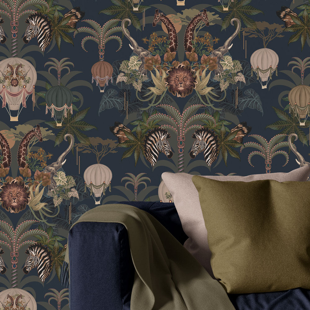 Dark Blue Living Room Wallpaper with African Animals