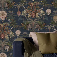 Dark Blue Living Room Wallpaper with African Animals