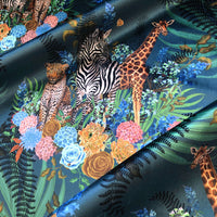 Blue Patterned Furnishing Fabric with African Animals and Floral by Designer, Becca Who