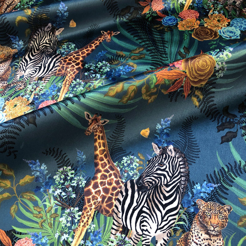 Blue Velvet Curtain Fabric with African Animals and Floral Design