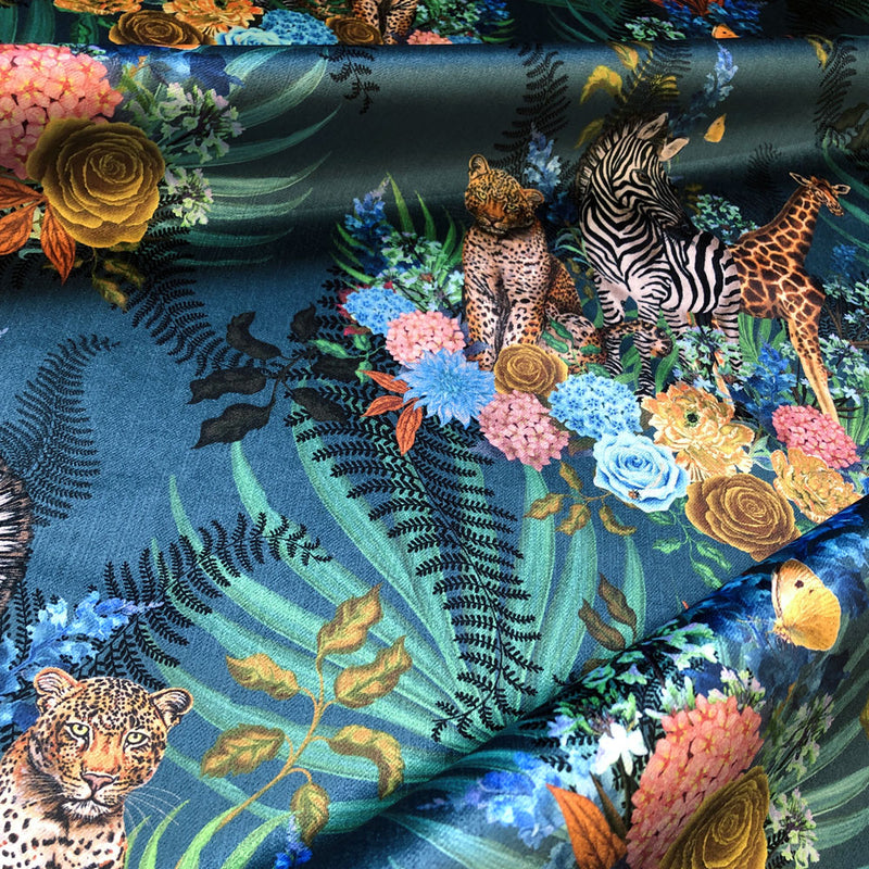 Blue Patterned velvet Fabric for Colourful Interiors with African Animals