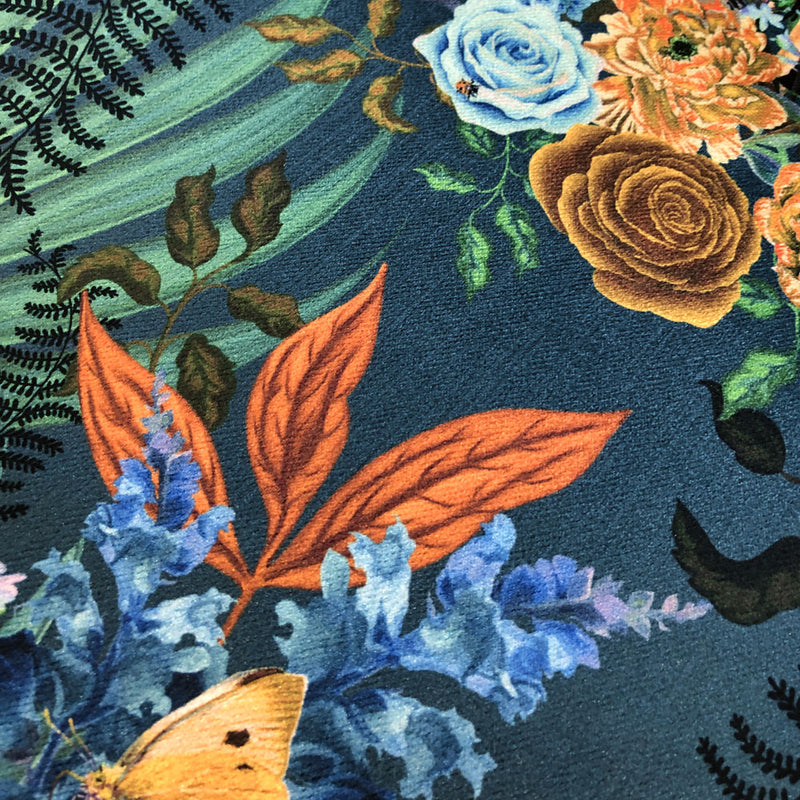 Blue Velvet Upholstery fabric with Animals and Floral Pattern