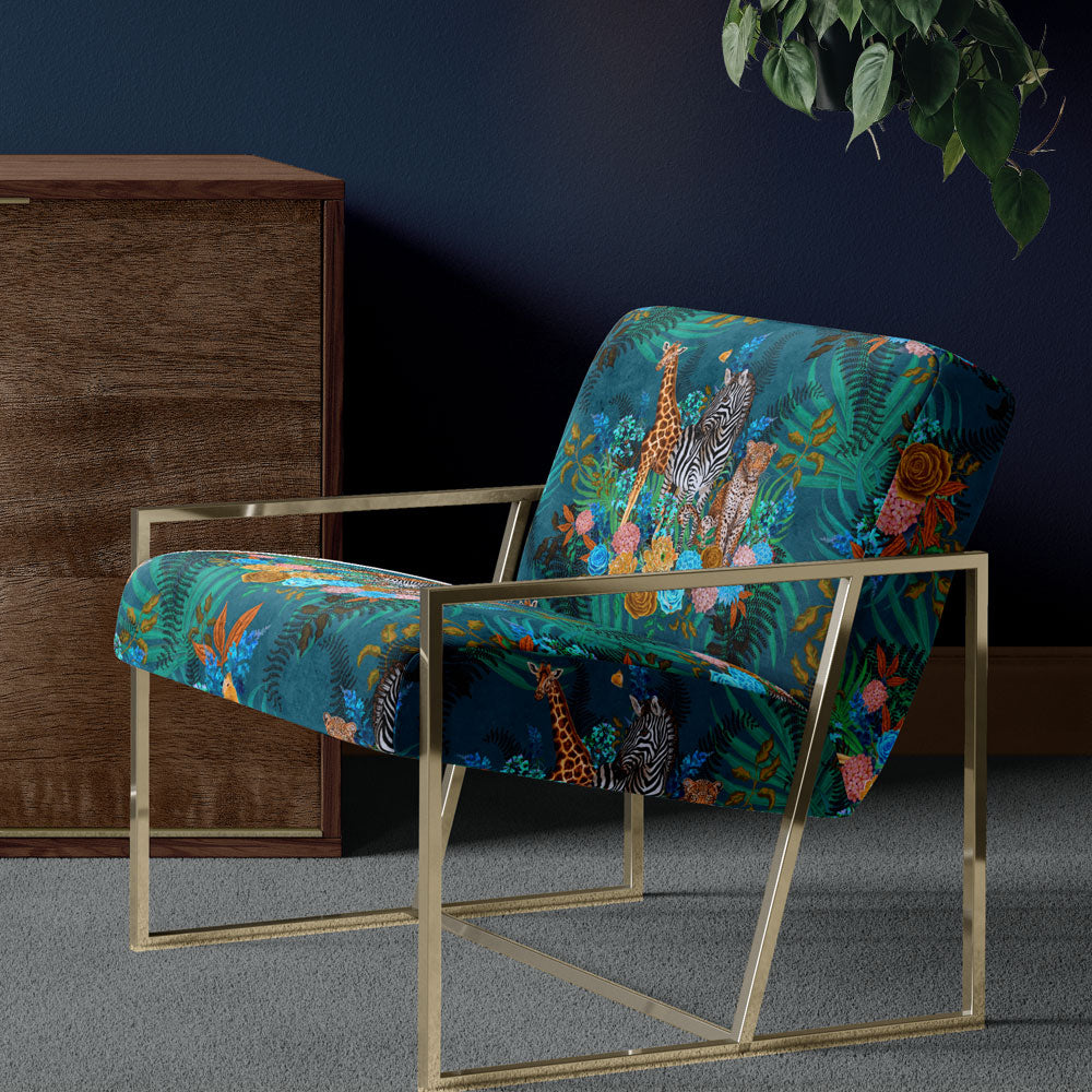 Blue Patterned Upholstery Fabric with African Animals on Chair by Designer, Becca Who