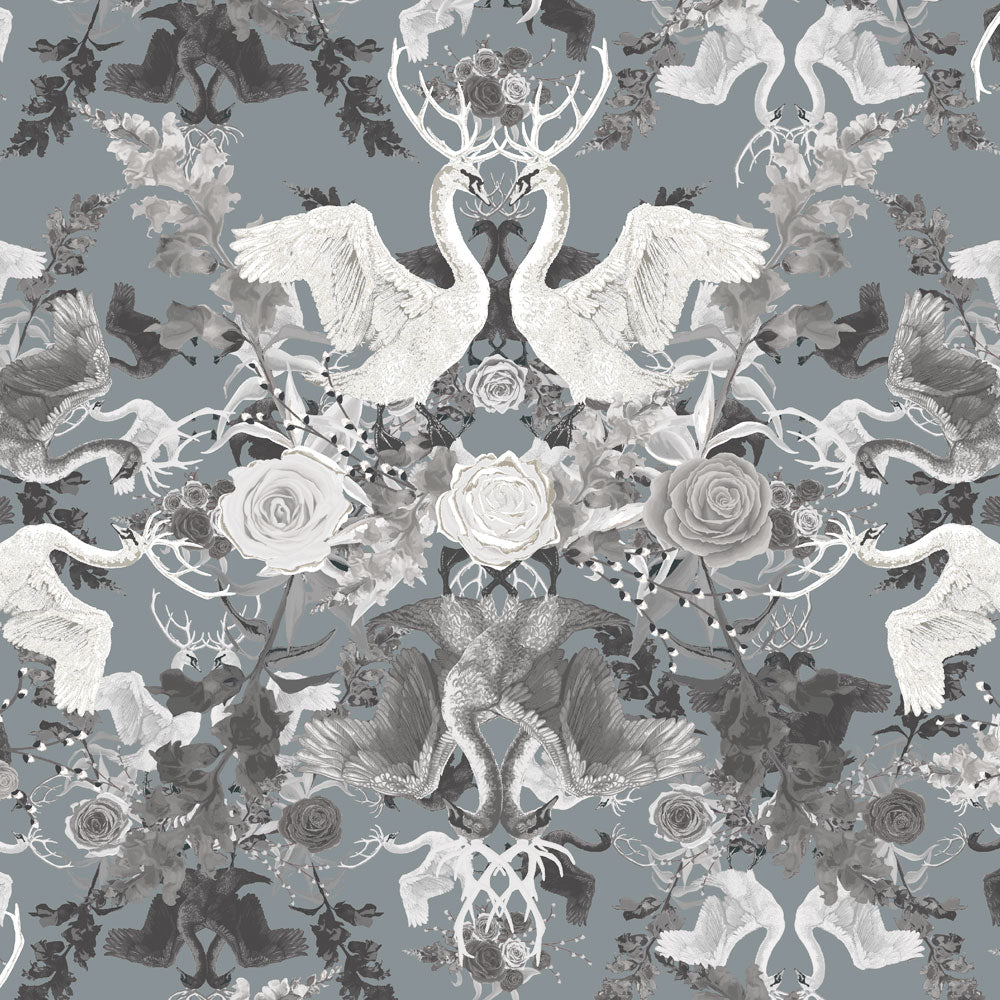 Blue Grey Swans Pattern Fabric Design by Becca Who