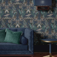 Dark Blue Indian Patterned Living Room Wallpaper by Designer, Becca Who