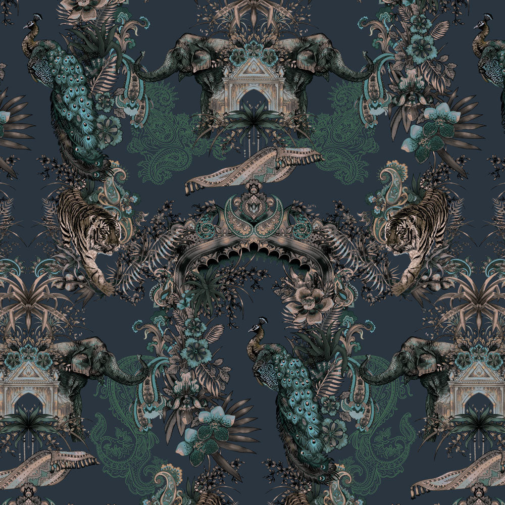 Blue Indian Patterned Luxury Wallpaper for Maximalist Decor by Designer, Becca Who