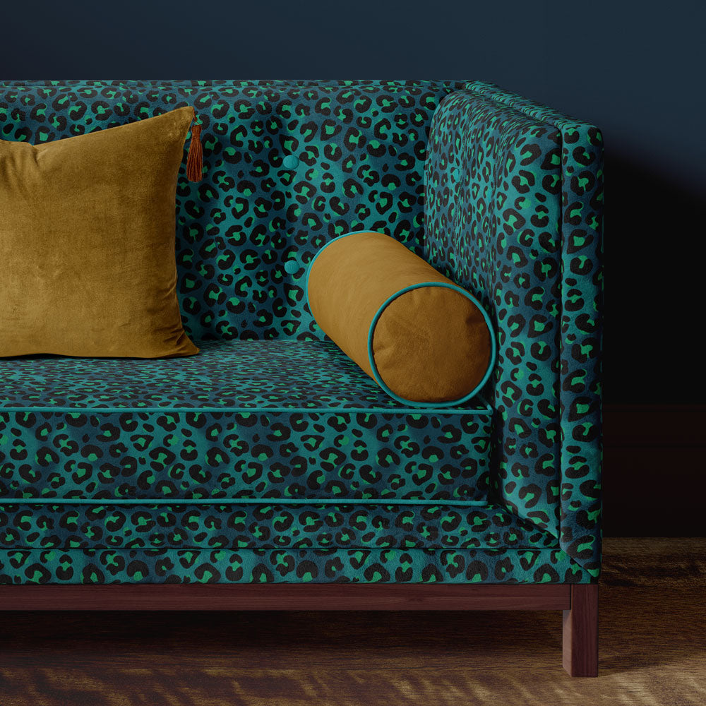Blue Leopard Print Upholstery Fabric on Sofa by Designer, Becca Who