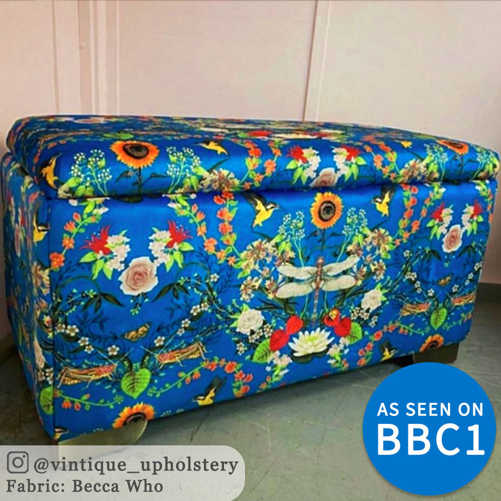 Blue Dragonfly Patterned Fabric as seen on BBC1 by Designer Becca Who on upholstered ottoman