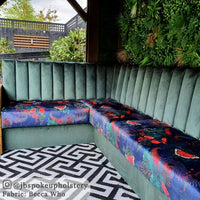 Blue Patterned Velvet Fabric by Designer Becca Who upholstery on outdoor seating in garden room