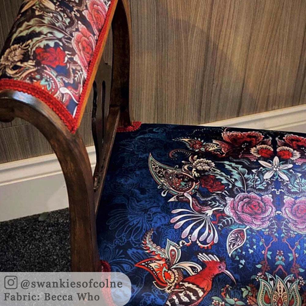 Blue and Red Patterned Decorative Velvet Fabric for Upholstery by Designer, Becca Who