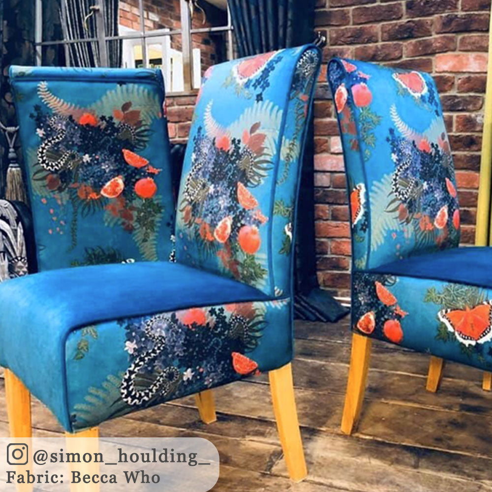 Blue Snakes Patterned Velvet Fabric by Designer, Becca Who, upholstery on Dining Chairs
