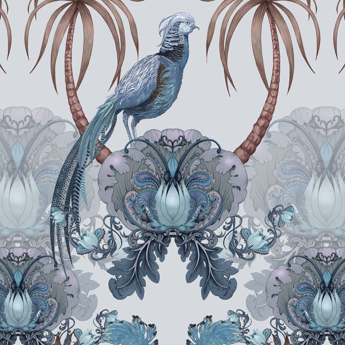 Blue and White Birds Patterned Feature Wallpaper for Statement Interiors by UK Designer, Becca Who