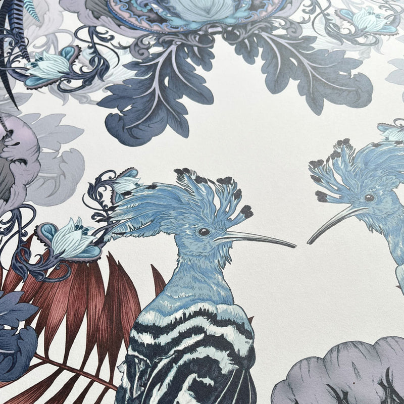Patterned Birds Wallpaper in Blue and White by British Textile Designer Becca Who 
