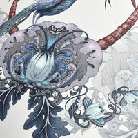 Patterned Birds Wallpaper in Blue and White by UK Textile Designer Becca Who 