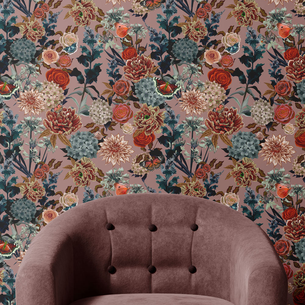 Dusky Blush Pink Heavy Floral Wallpaper for Vintage Style Decor by Designer, Becca Who