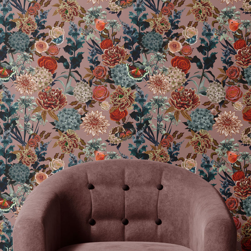 Dusky Blush Pink Heavy Floral Wallpaper for Vintage Style Decor by Designer, Becca Who