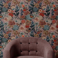 Dusky Blush Pink Heavy Floral Wallpaper for Vintage Style Decor by Designer, Becca Who
